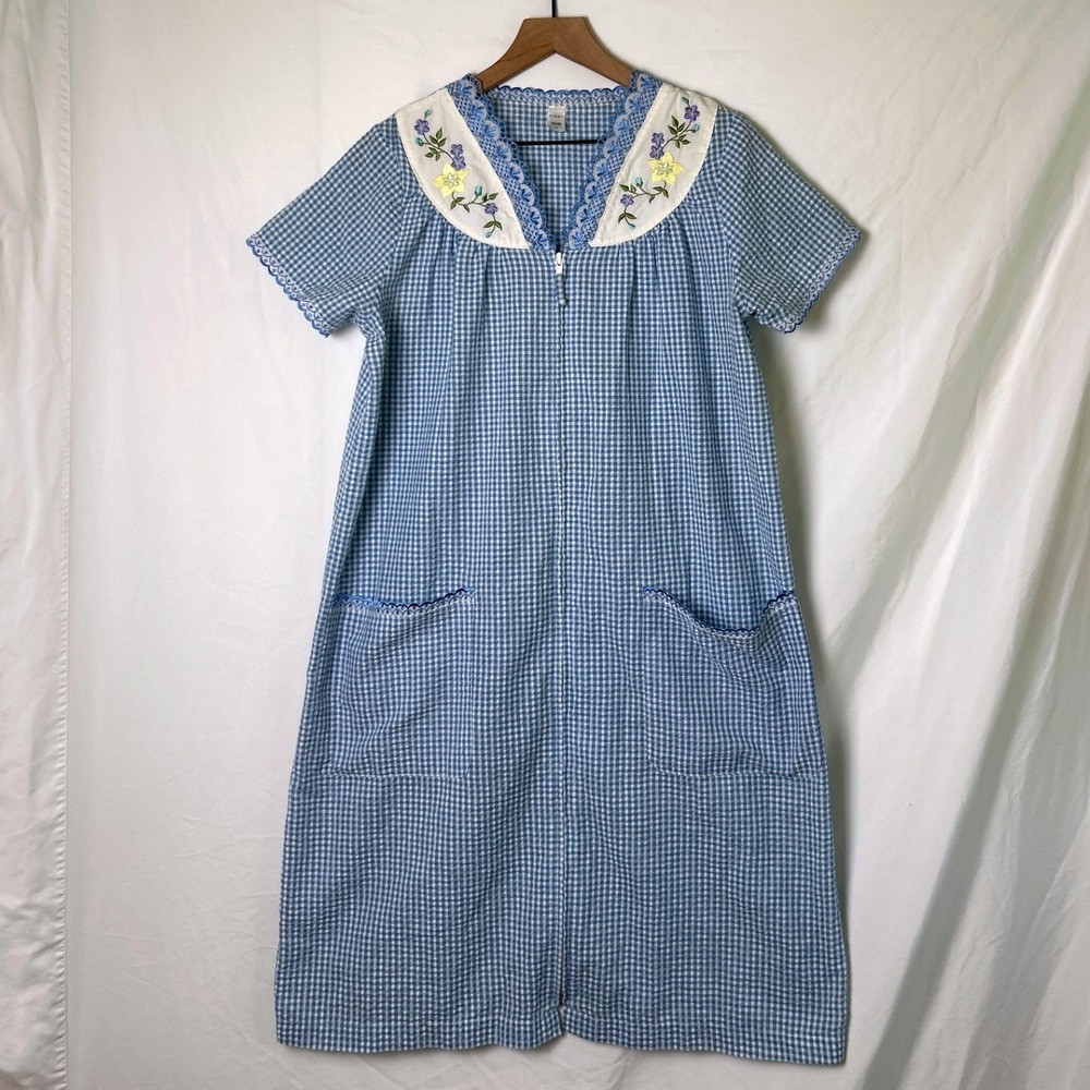 Pink K Women Vintage Floral Gingham Zipper Front House Dress Size S Blue Grandma